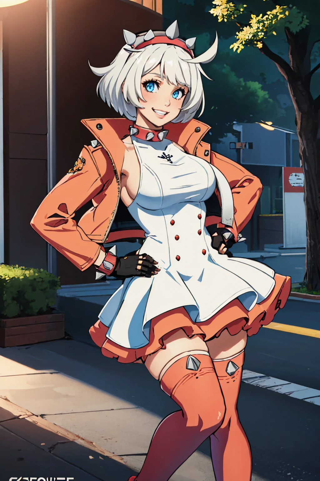 (masterpiece, best quality:1.2), solo, 1girl, striveelphelt, grin, looking at viewer, hands on hips, ahoge, hairband, jacket, dress, fingerless gloves, thighhighs, spiked collar, spiked bracelet, outdoors, landscape <lora:guiltygear_strive_elphelt-17:1>