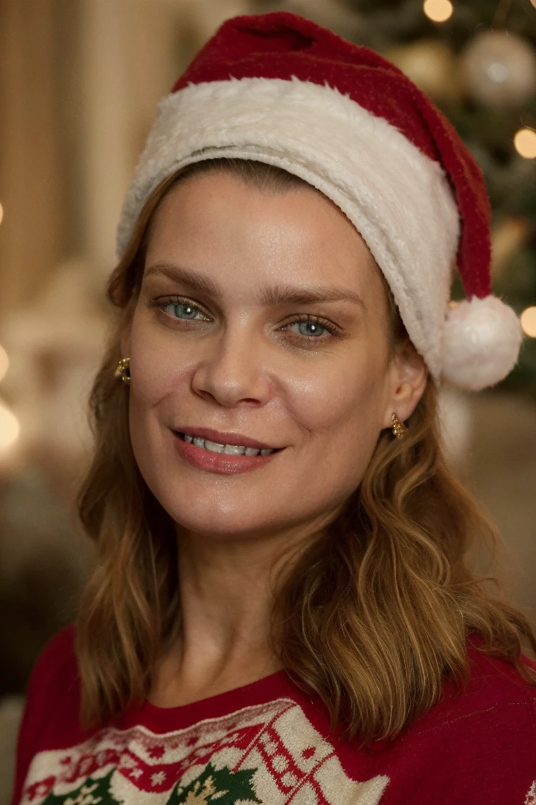 detailed face, a woman in a red ugly sweater and Santa hat, Christmas, in a cozy room, blond, laughing, soft lighting, (high detailed skin:1.1)
<lora:laurie_holden_lora_v01:1> lauhol