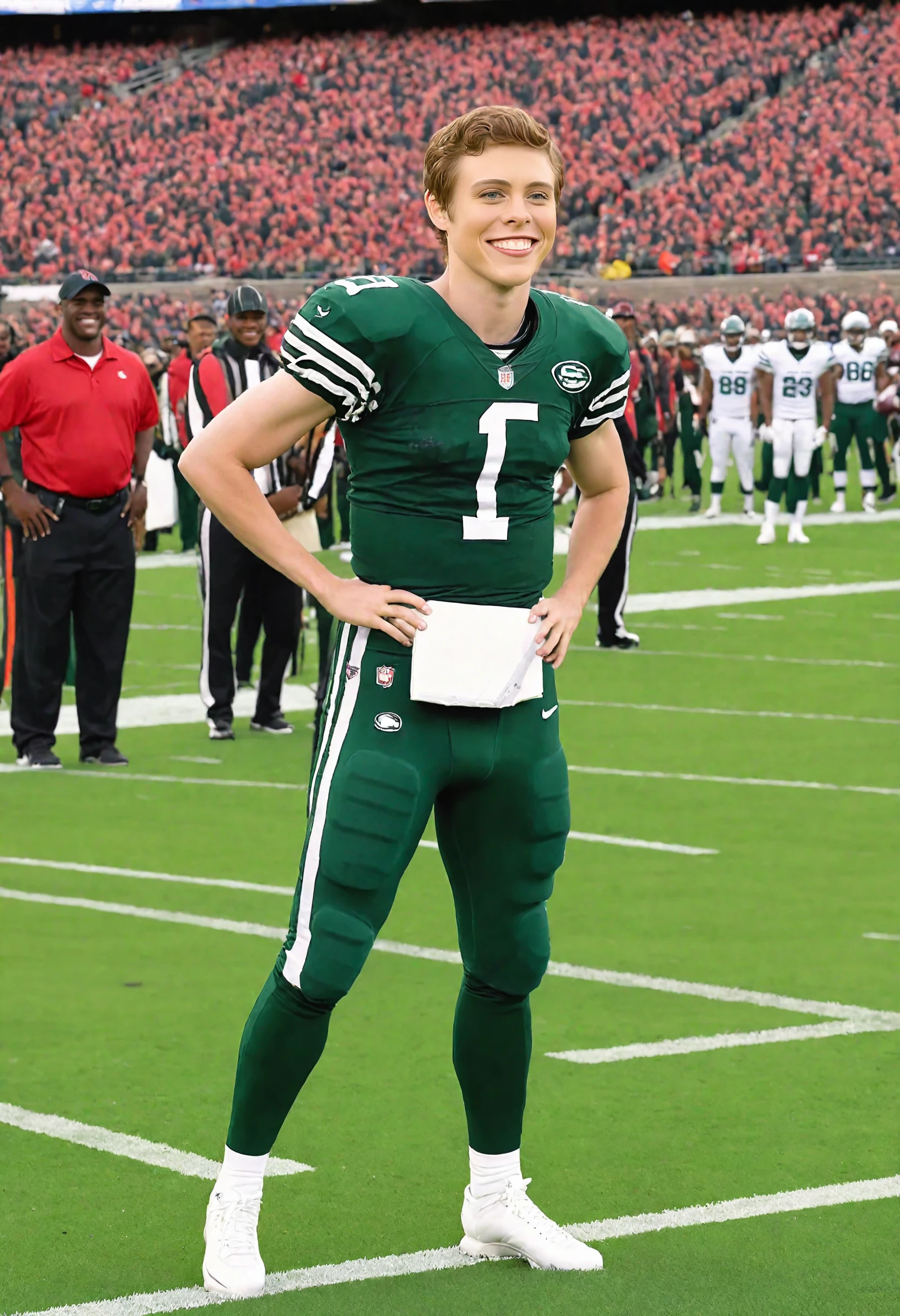 sophialillis as quarterback on the football field greeting the crowd with a shy smile <lora:Sophia_Lillis_SDXL-000016:1>