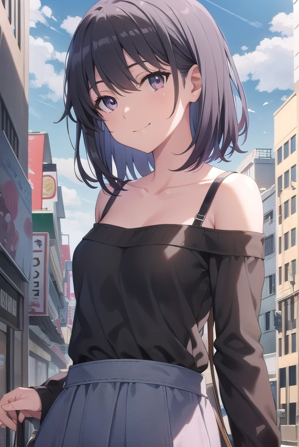 harunoyukinoshita, <lora:haruno yukinoshita-lora-nochekaiser:1>,
haruno yukinoshita, short hair, hair between eyes, (black eyes:1.5), black hair, gradient hair, two-tone hair, purple hair, smile,
BREAK sweater, off shoulder, bra strap, purple sweater, long sleeves, collarbone,
BREAK outdoors, city, sky, sun, people, crowd, buildings, clouds,
BREAK looking at viewer,
BREAK <lyco:GoodHands-beta2:1>, (masterpiece:1.2), best quality, high resolution, unity 8k wallpaper, (illustration:0.8), (beautiful detailed eyes:1.6), extremely detailed face, perfect lighting, extremely detailed CG, (perfect hands, perfect anatomy),