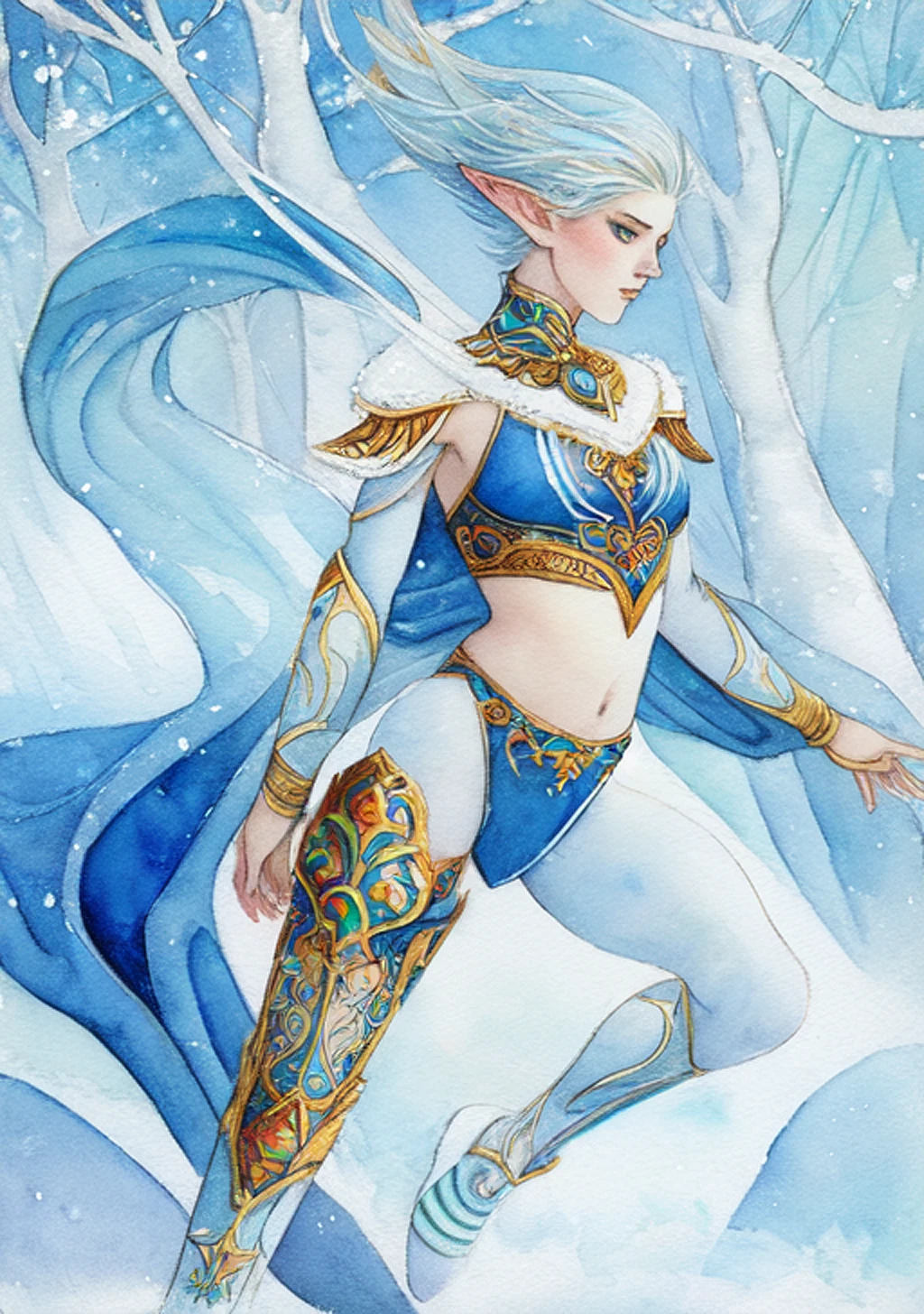 a painting of a female blue elf, watercolor painting, fantasy, athletic body, dynamic pose, masterpiece:1.2, expressive image, (best anatomy:1.1), short hair, pixie cut, snowy landscape, winter, winter clothes, christmas, festivity