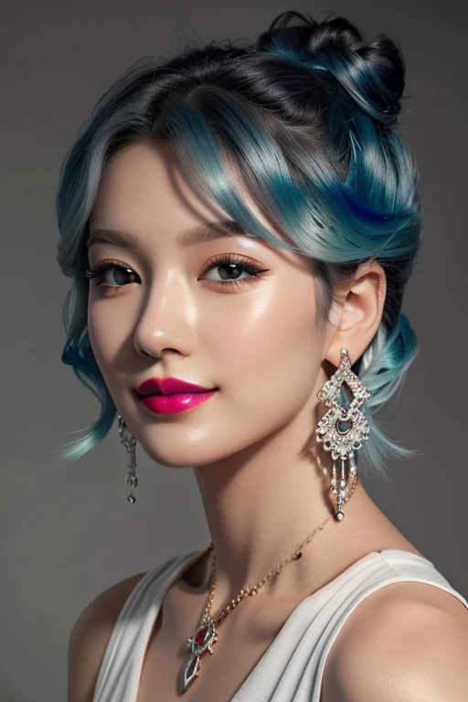 (masterpiece:1.21),(bestquality:1.21),8k,high detailed,ultra-detailed,depth of field,wide angle,1girl,beautiful face,Graceful Hands,Real Skin Texture,solo,looking at viewer,clean background trending,(portrait photo of a gray backdrop),black eyes,beautiful detailed eyes,random_color_lipstick,eyeliner,eyelashes,random_color_nail_polish,earrings,necklace,
Pastel blue Hair,hair bun,Kind Smile,High key lighting,shadow