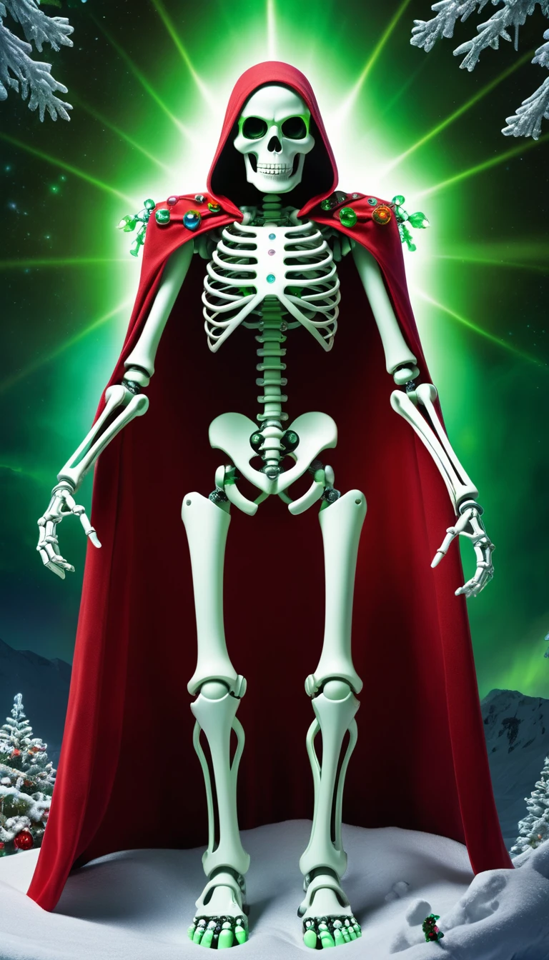 An AI Overlord Santa, cybernetic skeleton with cape, detailed multicolored glowing piercing eyes, scenery, detailed background, masterpiece, best quality, high quality, absurdres, green theme, xmas <lora:xmas_xl_v1:1>