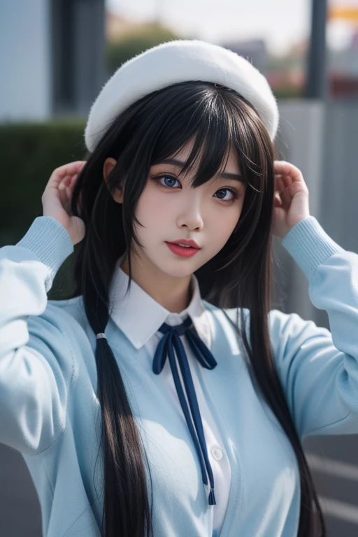 ltra-detailed,highly detailed,best quality,masterpiece,illustration,realistic,
yukinoshita yukino, 1girl, solo, hat, long hair, realistic, black hair, ribbon, upper body, neck ribbon, blue eyes, lips, shirt, bangs, looking at viewer, closed mouth, beret, blue ribbon, nose, white shirt, brown hair, long sleeves, white headwear, hand up, collared shirt, sidelocks, black eyes, blunt bangs, adjusting hair, faux traditional media, hand in own hair,
<lora:yukinoshita yukino_yhz_v1_02:0.7>