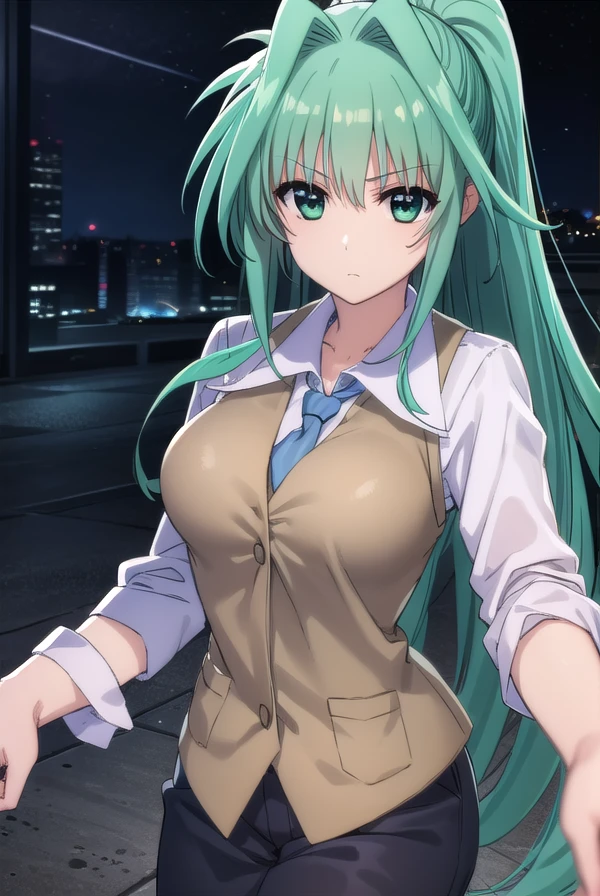 lindyharlaown, <lora:lindy harlaown movie2-lora-nochekaiser:1>,
lindy harlaown, long hair, very long hair, (green eyes:1.3), ponytail, green hair, facial mark, forehead mark,
BREAK jewelry, pantyhose, vest, 
BREAK outdoors, city, night, starry sky,
BREAK looking at viewer, (cowboy shot:1.5),
BREAK <lyco:GoodHands-beta2:1>, (masterpiece:1.2), best quality, high resolution, unity 8k wallpaper, (illustration:0.8), (beautiful detailed eyes:1.6), extremely detailed face, perfect lighting, extremely detailed CG, (perfect hands, perfect anatomy),