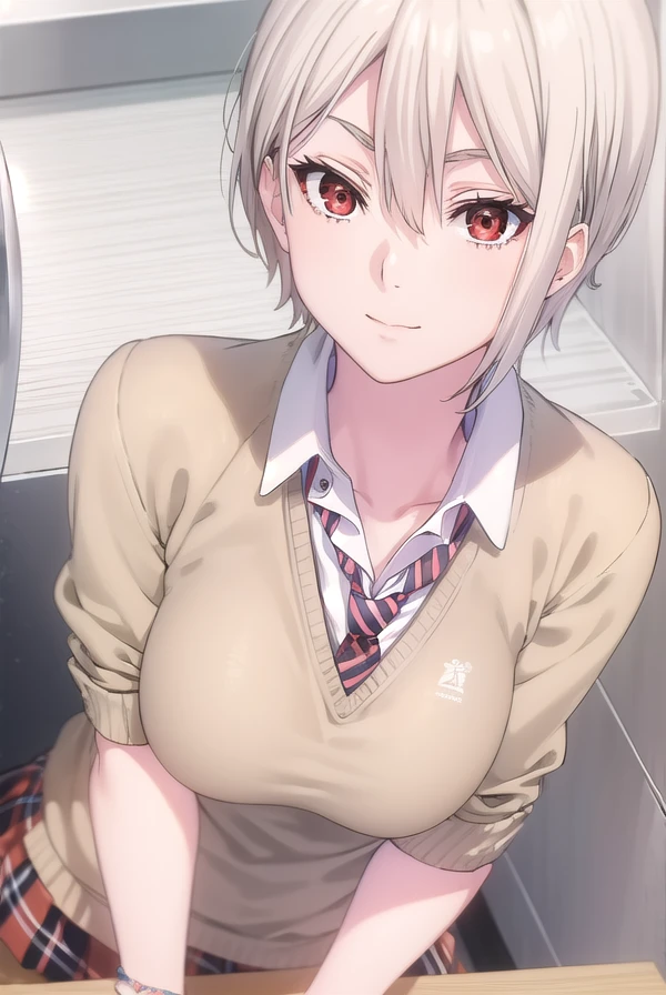 alicenakiri, <lora:alice nakiri s1-lora-nochekaiser:1>,
alice nakiri, short hair, (red eyes:1.3), white hair, hair between eyes, smile,
BREAK skirt, shirt, jewelry, school uniform, pleated skirt, necktie, striped, bracelet, sweater, plaid, plaid skirt, striped necktie, white shirt, collared shirt, (light brown sweater:1.2),
BREAK indoors, kitchen,
BREAK looking at viewer, (cowboy shot:1.5),
BREAK <lyco:GoodHands-beta2:1>, (masterpiece:1.2), best quality, high resolution, unity 8k wallpaper, (illustration:0.8), (beautiful detailed eyes:1.6), extremely detailed face, perfect lighting, extremely detailed CG, (perfect hands, perfect anatomy),