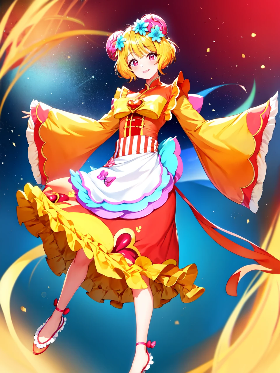 masterpiece, best quality, looking at viewer, depth of field, standing, full body,
1girl, <lora:locon_cure_yum-yum_01:0.9>, cure yum-yum, hair ornament, apron, brooch, pumps, long sleeves, wide sleeves, hair flower, layered skirt, striped skirt, frilled skirt,
smile, ((gradient background)), lens flare,
