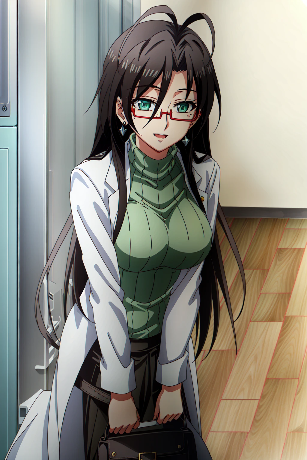(extremely detailed CG unity 4k wallpaper),(masterpiece),(ultra quality),(ultra-detailed),(best illustration),(best shadow),(absurdres),(detailed background), <lora:OGT_Chisato_Hasegawa-v3:1> Chisato Hasegawa, 1girl, solo, glasses, green eyes, long hair, breasts, labcoat, thighhighs, black hair, earrings, mole, large breasts, jewelry, mole under eye, sweater, looking at viewer, open mouth, ribbed sweater, skirt, smile, turtleneck, semi-rimless eyewear, garter straps, antenna hair