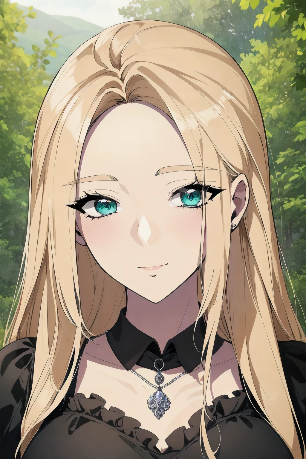 best quality, masterpiece, portrait, close-up, evonne deluah, aqua eyes, blonde hair, very long hair, forehead, hair intakes, sidelocks, large breasts, straight hair, frilled dress, necklace, smile, closed mouth, looking at viewer, outdoors, forest, park,
<lora:Kizuki - Wished You Were Dead - Evonne Deluah:0.9>