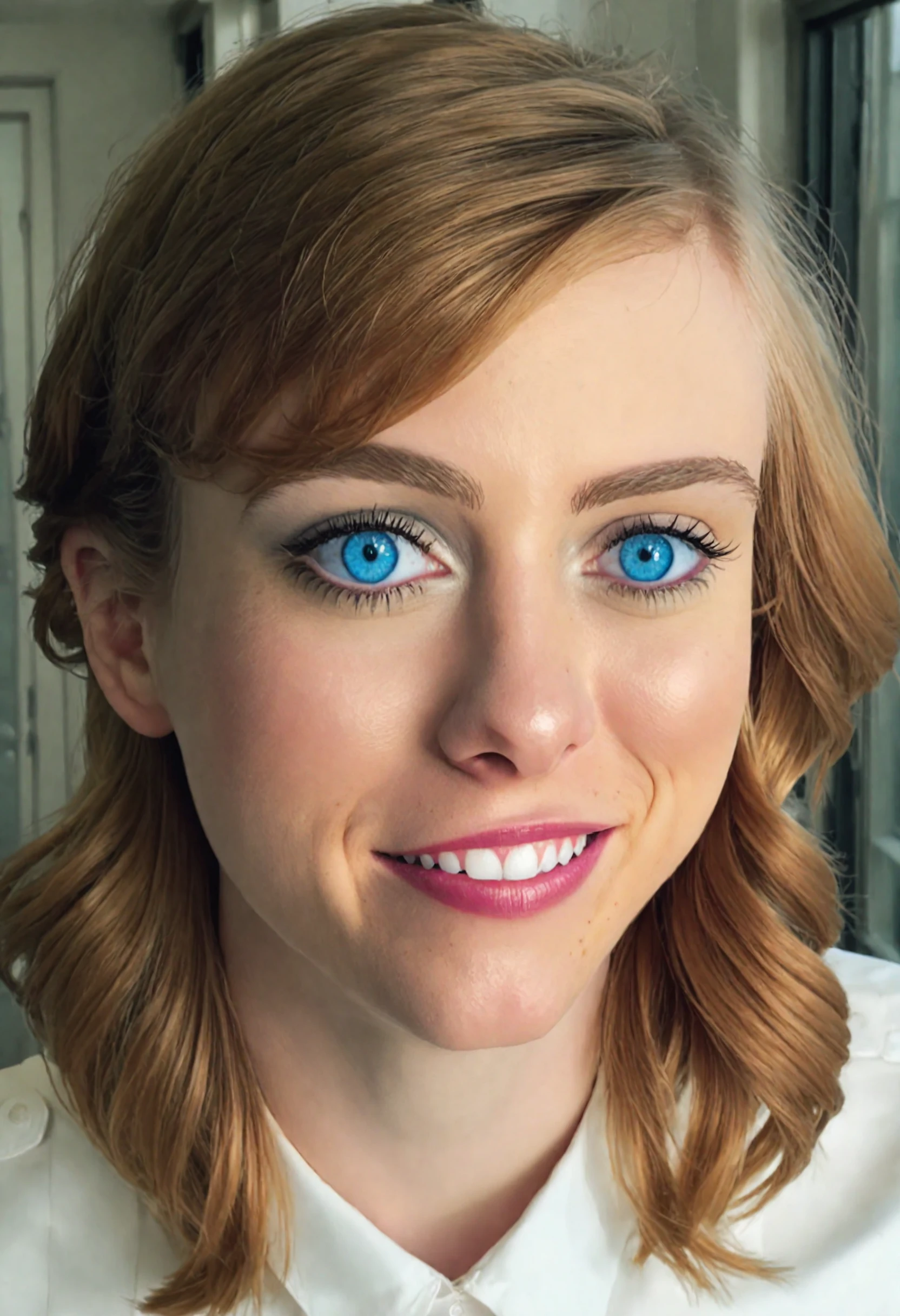 medium shot of sophialillis with a smirking smile and blue eyes <lora:Sophia_Lillis_SDXL-000016:1>