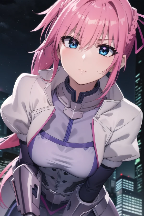 signum, <lora:signum movie2-lora-nochekaiser:1>,
signum, long hair, blue eyes, hair ribbon, ponytail, pink hair,
BREAK gloves, jacket, weapon, open clothes, sword, open jacket, magical girl, gauntlets, cropped jacket, waist cape, puffy sleeves,
BREAK outdoors, city, sky, night, starry sky, star \(sky\), moon,
BREAK looking at viewer, (cowboy shot:1.5),
BREAK <lyco:GoodHands-beta2:1>, (masterpiece:1.2), best quality, high resolution, unity 8k wallpaper, (illustration:0.8), (beautiful detailed eyes:1.6), extremely detailed face, perfect lighting, extremely detailed CG, (perfect hands, perfect anatomy),