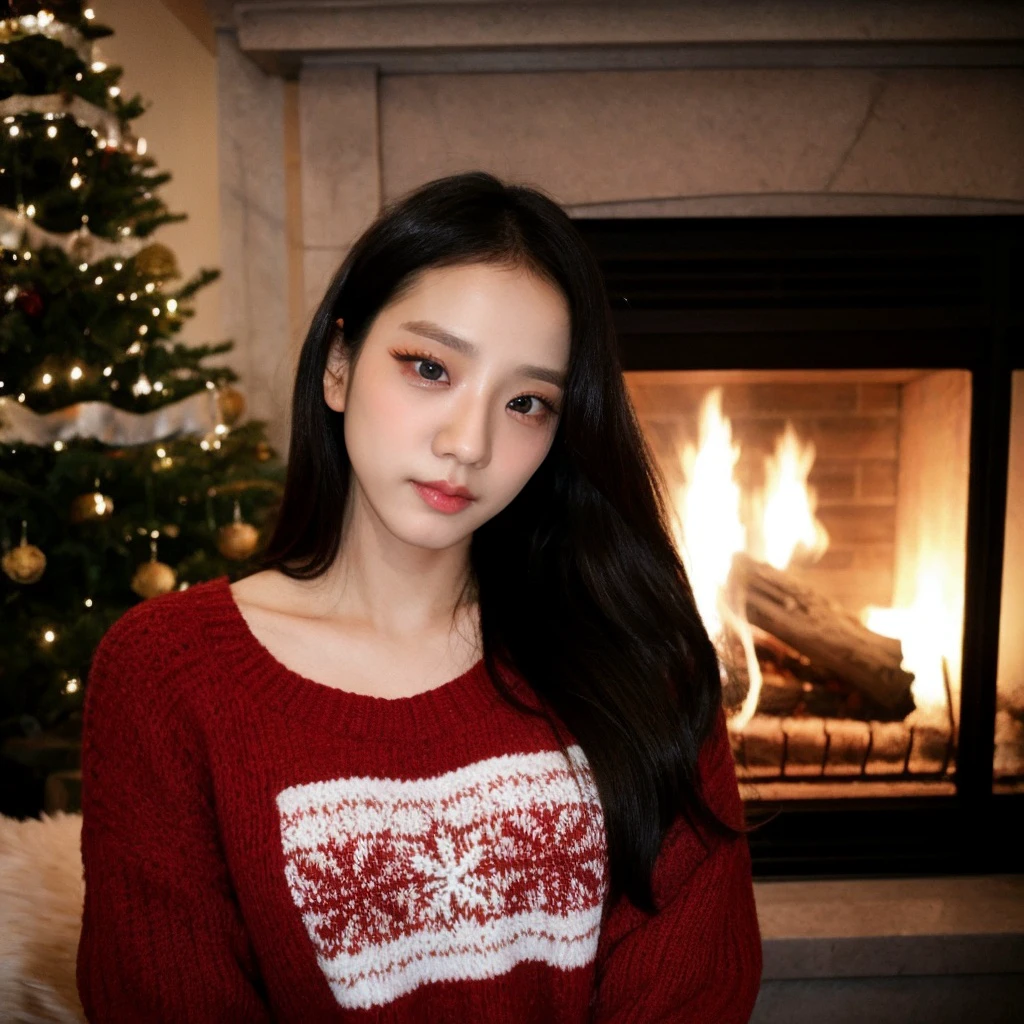 <lora:sooyaaa_sd15_512_128_64_v1:1>> sooyaaa, 1girl,closeup picture, wearing a swearter, christmas decoration cozy fireplace in background,