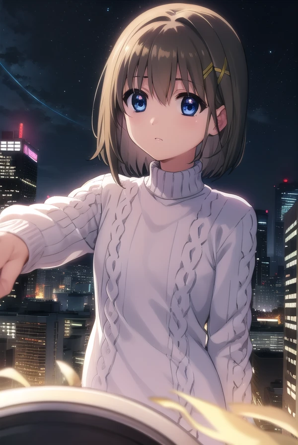 hayateyagami, <lora:hayate yagami movie2-lora-nochekaiser:1>,
hayate yagami, yagami hayate, short hair, blue eyes, brown hair, hair ornament, x hair ornament,
BREAK sweater, pink sweater, turtleneck, long sleeves,
BREAK outdoors, city, night, starry sky,
BREAK looking at viewer, (cowboy shot:1.5),
BREAK <lyco:GoodHands-beta2:1>, (masterpiece:1.2), best quality, high resolution, unity 8k wallpaper, (illustration:0.8), (beautiful detailed eyes:1.6), extremely detailed face, perfect lighting, extremely detailed CG, (perfect hands, perfect anatomy),