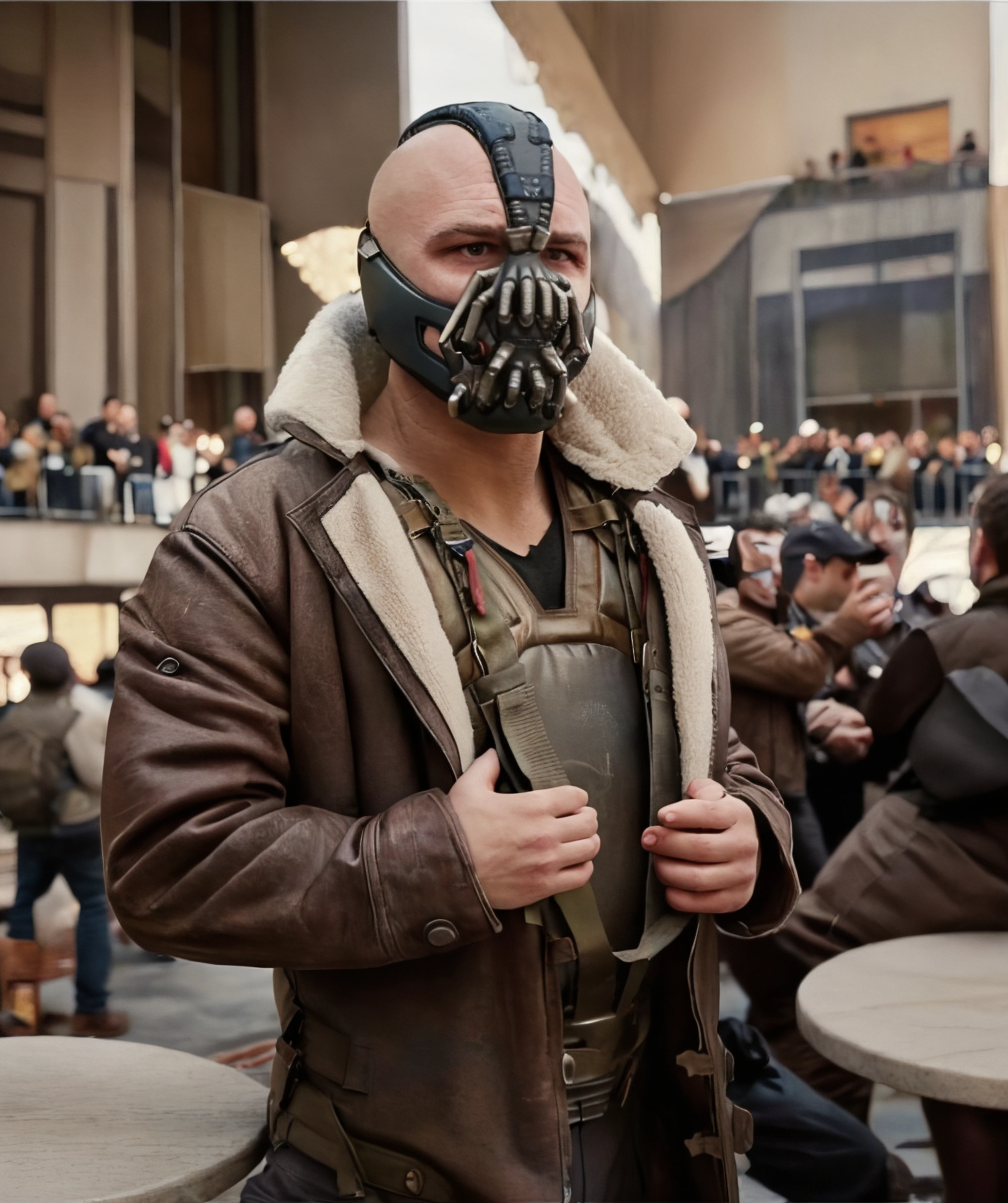 best quality, masterpiece, bane, cafe, jacket, realistic, crowd background <lora:Bane:0.8>