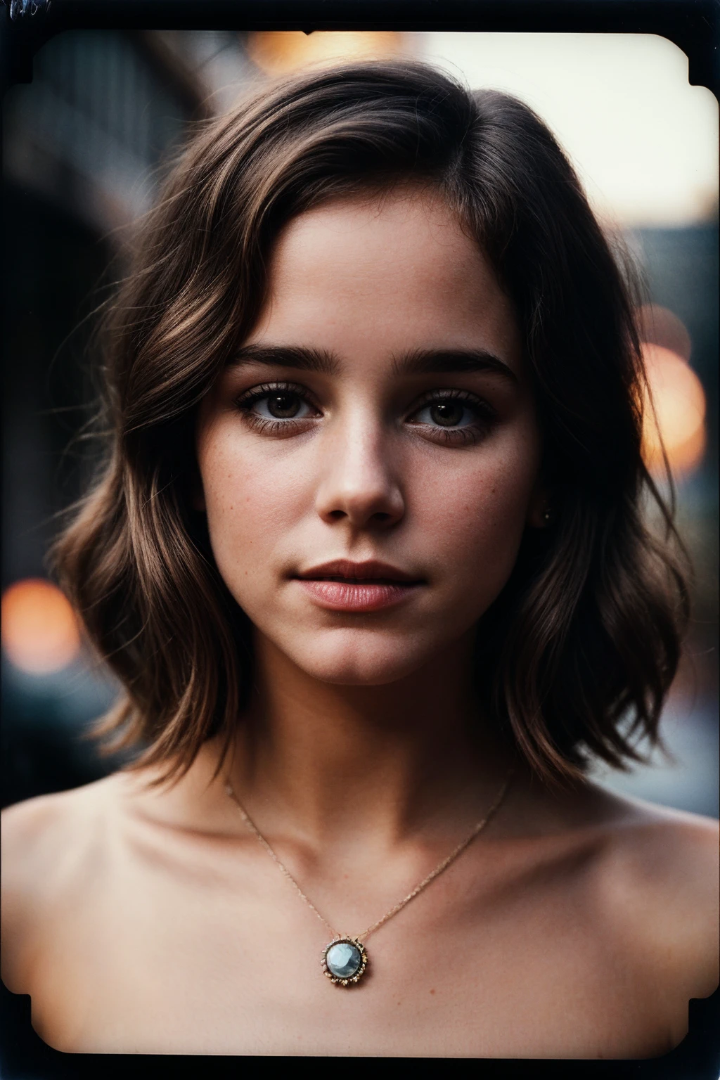 photo of (abapt1sta:0.99), closeup portrait, perfect hair in the air, (vintage photo, elegant dress), (tintype, polaroid frame), 24mm, (analog, cinematic, film grain:1.3), (on the streets of Barcelona, nighttime, gritty:1.1), detailed eyes, (seductive pose), (epicPhoto), upper body, (looking at viewer), necklace