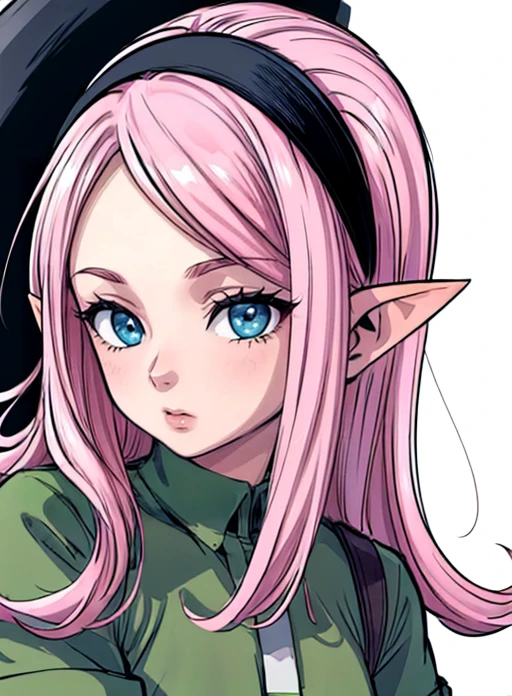 best quality, (masterpiece),(ultra-detailed), (high quality), (high resolution),<lora:add_detail:0.7> ,  <lora:rose:0.7>,rose, pink hair, pointy ears, hairband,blue eyes, green shirt,