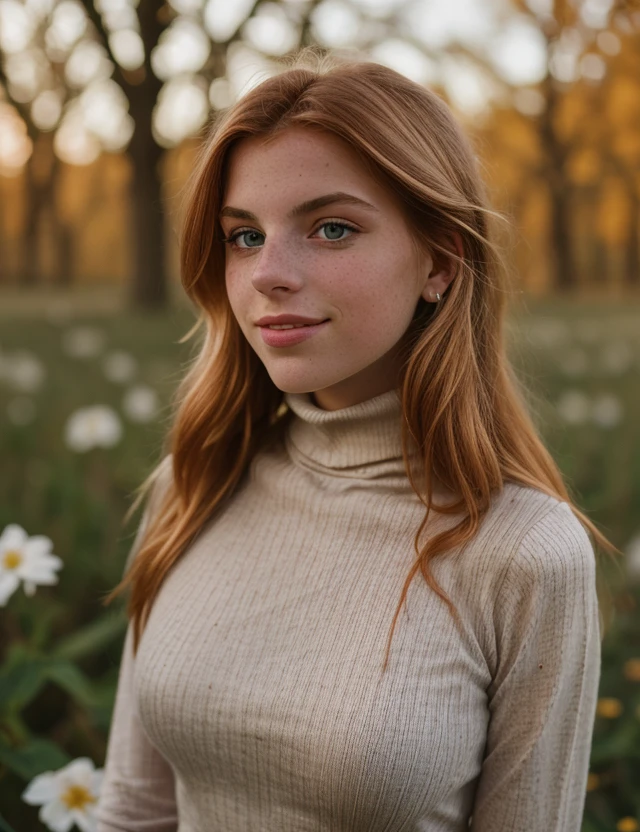 l9cillm4 photo of (l9cillm4) girl, RAW, nature, Spectacular light, intricate color Turtleneck, (Colorful flowering), 8k, soft lighting, high quality, film grain, Olympus OM1 sharp focus, f 3.4, ((detailed eyes)), (seductive pose), upper body, breast, smile