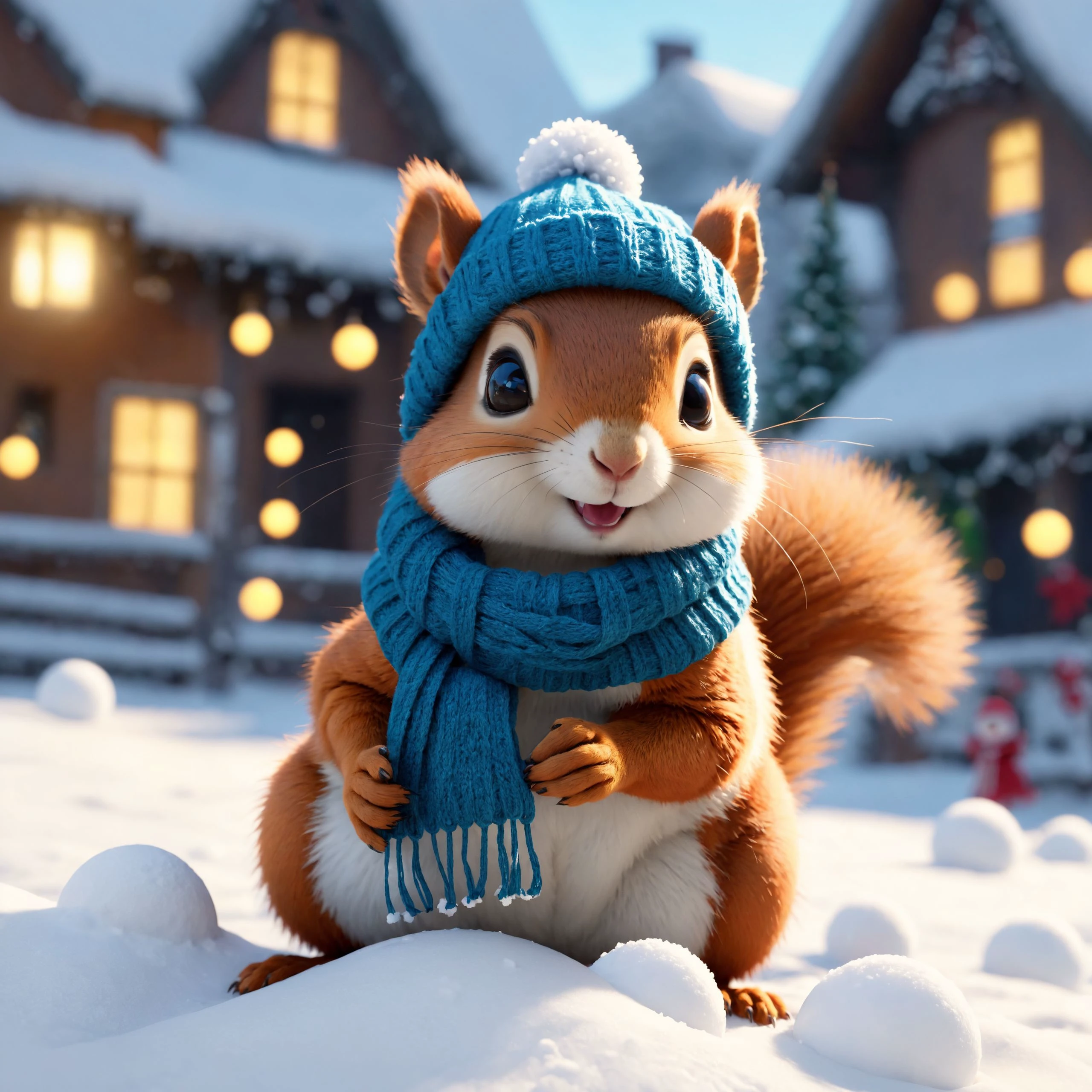 Cuteness overload, two Extremely Cute tiny little squirrel wearing a hat and scarf, playing with snow balls, Christmas Village, snow, l, hyper detailed, digital art, kawai, trending in artstation, cinematic lighting, studio quality, smooth render, unreal engine 5 rendered, octane rendered, art style by klimt and nixeu and ian sprigger and wlop and krenz cushart, 8k HDR, trending on artstation, Sharp focus<lora:xl_more_art-full_v1:0.5>