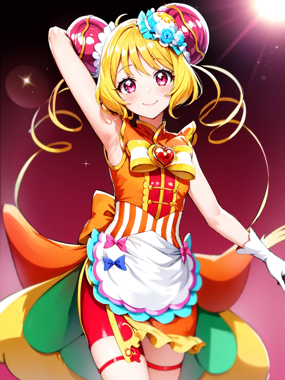 masterpiece, best quality, looking at viewer, depth of field, standing,
1girl, <lora:locon_cure_yum-yum_01:0.9>, cure yum-yum, china dress, hair ornament, sleeveless, gloves, apron, brooch, shorts under skirt, pumps,
smile, ((gradient background)), lens flare,