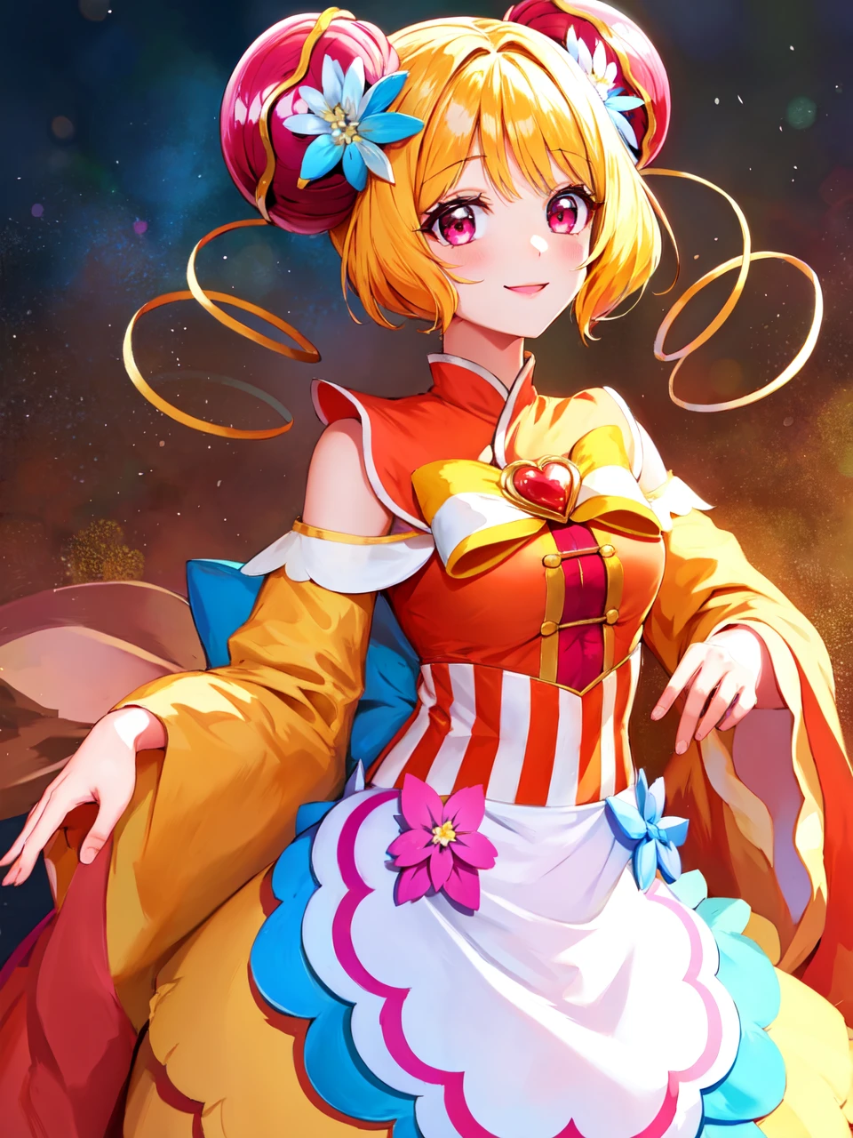 masterpiece, best quality, looking at viewer, depth of field, standing,
1girl, <lora:locon_cure_yum-yum_01:0.9>, cure yum-yum, china dress, hair ornament, apron, brooch, pumps, long sleeves, wide sleeves, hair flower,
smile, ((gradient background)), lens flare,