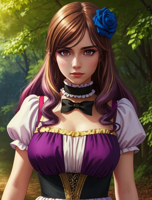 best quality, masterpiece, highres, detailed, digital artwork, <lora:Detail - add_detail:0.2>, QuelleSellier, two-tone hair, brown hair, purple hair, brown eyes, head flower, blue rose, <lora:Character - QuelleSellier:0.6>, camp, large breasts, black frilled choker, upper body,