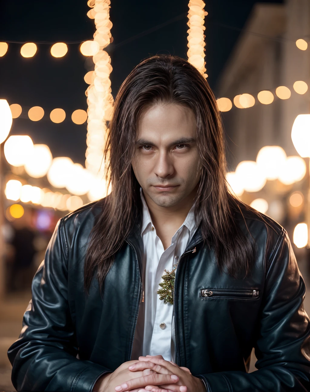 cinematic photo <lora:quiron_AndreMatos_v4_lora:1> AndreMatosQuiron person, jewelry, Dress shirt,
a man with a long hair,Take care of personal grooming (e.g., nail care).,
Christmas atmosphere, realistic, masterpiece, ultra detailed background, delicate pattern, intricate detail, highly detailed, fine details, best quality, (double exposure:1.2), magnificent, epic, majestic, magical, dreamy, christmas tree, red lights, fireflies, 35mm photograph, film, bokeh, professional, 4k, highly detailed, Lighting, strobes or continuous lights can bring out the vibrant colors and details . 35mm photograph, film, bokeh, professional, 4k, highly detailed