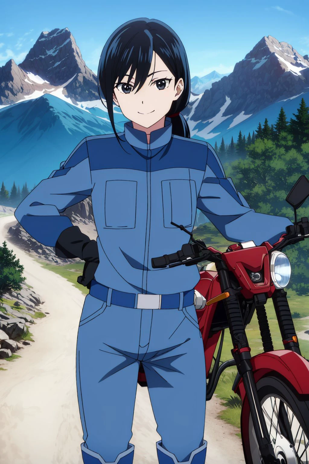 1girl, solo, reiko, black hair, long hair, hair between eyes, low ponytail, black eyes, medium breasts, uniform, blue collared shirt, sleeves rolled up, gloves, blue pants, boots,  (red motorcycle:1.25), looking at viewer, smile, (outdoors, mountain path:1.45), (masterpiece:1.4), (best quality:1.4), (absurdres:1.0), (intrincate), (full sharp), (extremely detailed:1.5), (exquisite details), (high definition), (anime coloring), <lora:Reiko (Super Cub)_001:0.7>