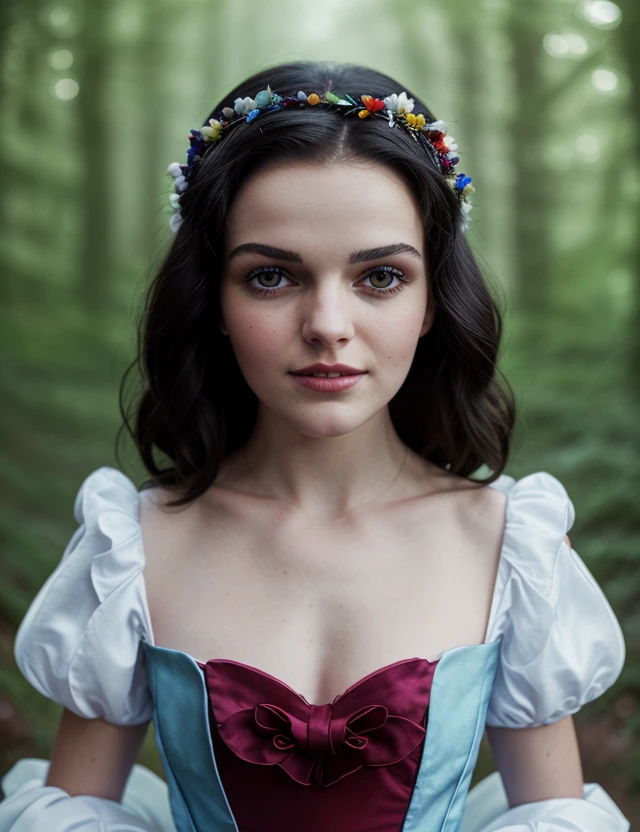 r4chsn0 photo of (r4chsn0) Snow white Disney, girl, RAW, nature, Enchanted forest, close portrait photo, Spectacular light, (Colorful flowering), 8k, soft lighting, high quality, film grain, Olympus OM1 sharp focus, f 3.4, ((detailed eyes)), (seductive pose), upper body, breast, ((Snow white Disney))