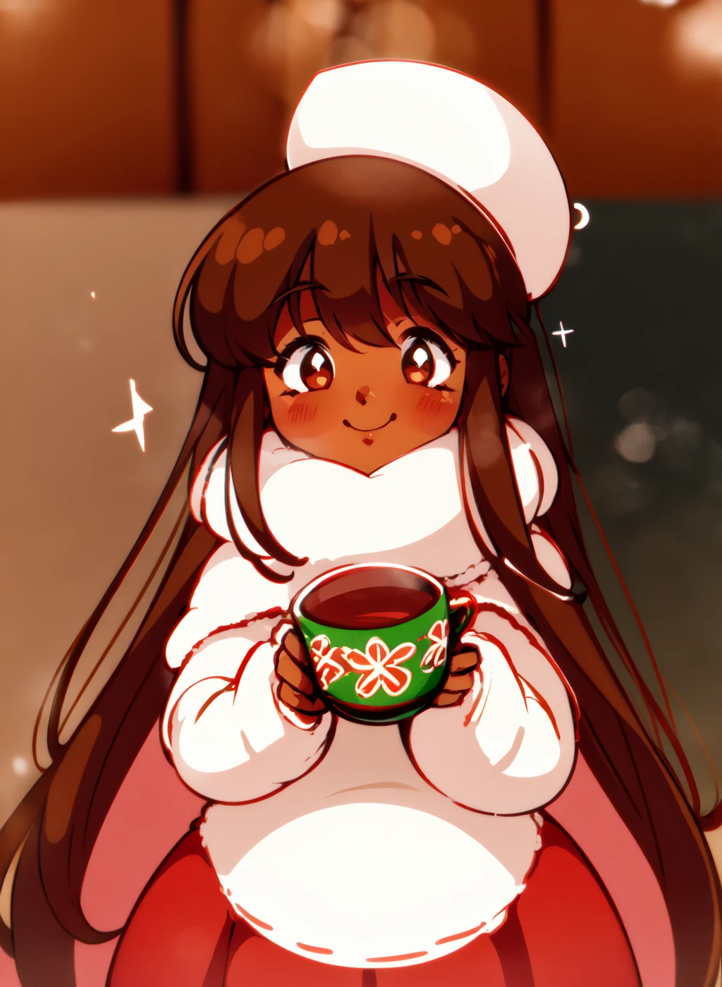 cocoacookie smiling, holding mug of cocoa, bokeh, sparkles, warm smile, blush, full lips, chubby, dark skin, christmas party, christmas tree, standing by window, detailed background, frosty windows, snow <lora:cocoacookie_v1.3:1>