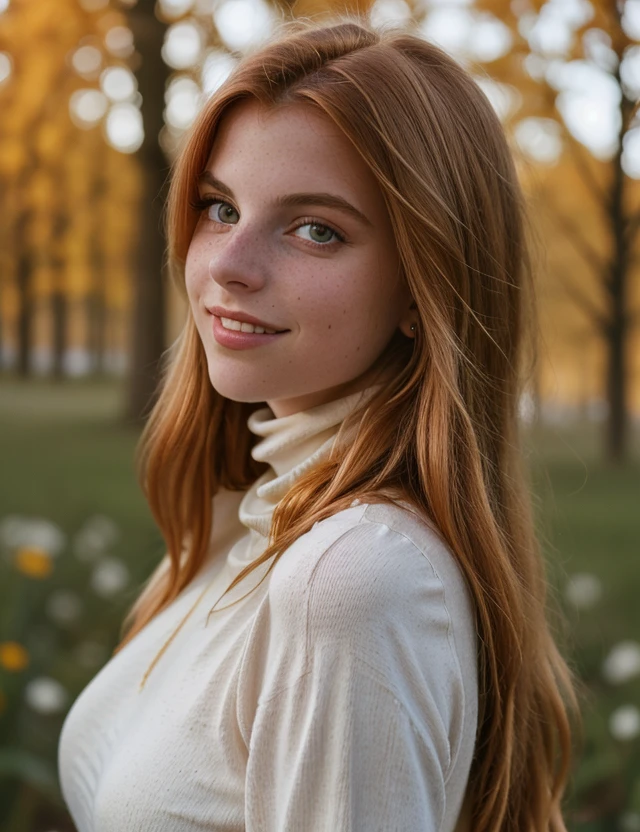 l9cillm4 photo of (l9cillm4) girl, RAW, nature, Spectacular light, intricate color Turtleneck, (Colorful flowering), 8k, soft lighting, high quality, film grain, Olympus OM1 sharp focus, f 3.4, ((detailed eyes)), (seductive pose), upper body, breast, smile