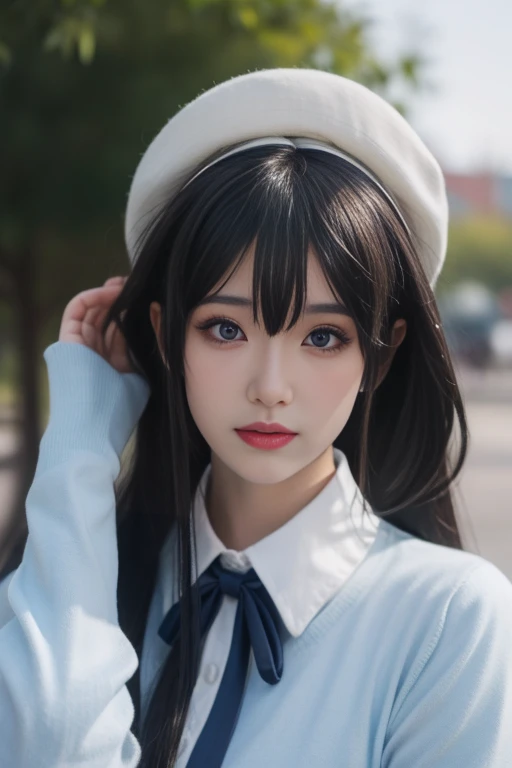 ltra-detailed,highly detailed,best quality,masterpiece,illustration,realistic,
yukinoshita yukino, 1girl, solo, hat, long hair, realistic, black hair, ribbon, upper body, neck ribbon, blue eyes, lips, shirt, bangs, looking at viewer, closed mouth, beret, blue ribbon, nose, white shirt, brown hair, long sleeves, white headwear, hand up, collared shirt, sidelocks, black eyes, blunt bangs, adjusting hair, faux traditional media, hand in own hair,
<lora:yukinoshita yukino_yhz_v1_02:0.7>