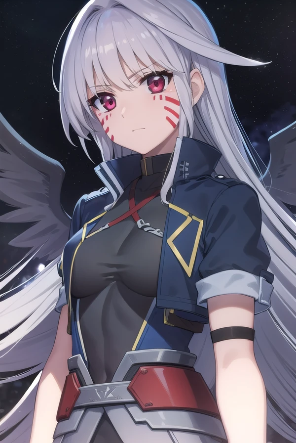 reinforcei, <lora:reinforce i movie2-lora-nochekaiser:1>,
reinforce i, (red eyes:1.3), grey hair, facial mark, long hair,
BREAK thighhighs, gloves, jacket, open clothes, wings, fingerless gloves, open jacket, magical girl, single thighhigh, asymmetrical legwear, black wings, uneven legwear, waist cape, multiple wings, leg belt,
BREAK outdoors, city, sky, night, starry sky, star \(sky\), moon,
BREAK looking at viewer, (cowboy shot:1.5),
BREAK <lyco:GoodHands-beta2:1>, (masterpiece:1.2), best quality, high resolution, unity 8k wallpaper, (illustration:0.8), (beautiful detailed eyes:1.6), extremely detailed face, perfect lighting, extremely detailed CG, (perfect hands, perfect anatomy),