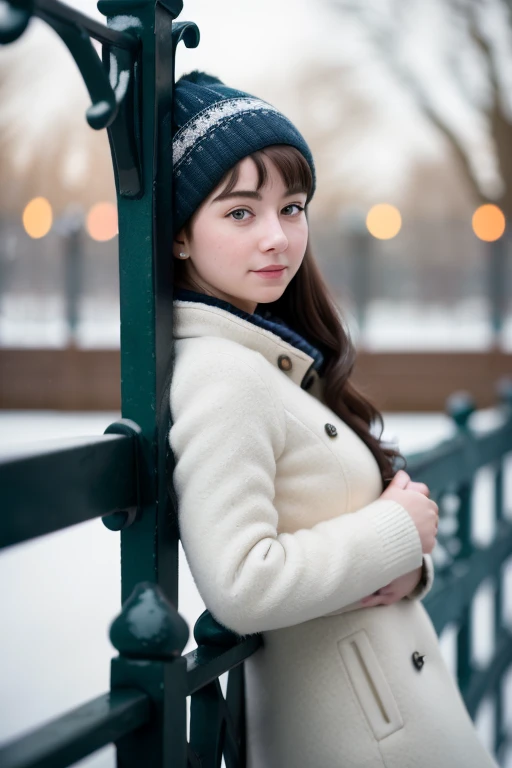 (Style-DoF:1.4) from side, artistic photography of a woman wearing winter clothes, leaning against an iron (fence:1.3) looking through, (foreground), color grading (masterpiece) (best quality) (detailed) (intricate)