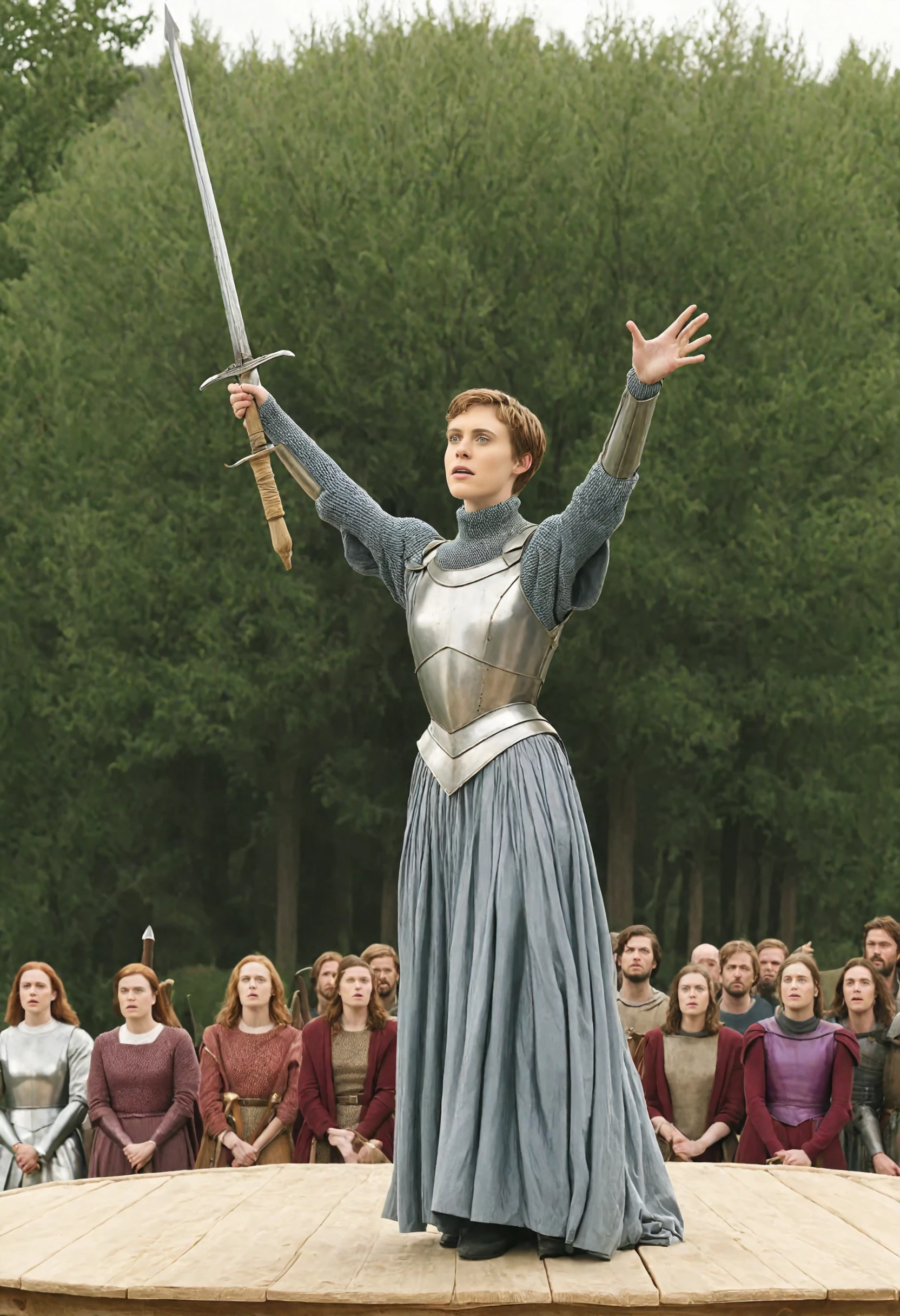 sophialillis performing in an open air theater as joan of arc in shining armor <lora:Sophia_Lillis_SDXL-000016:1>