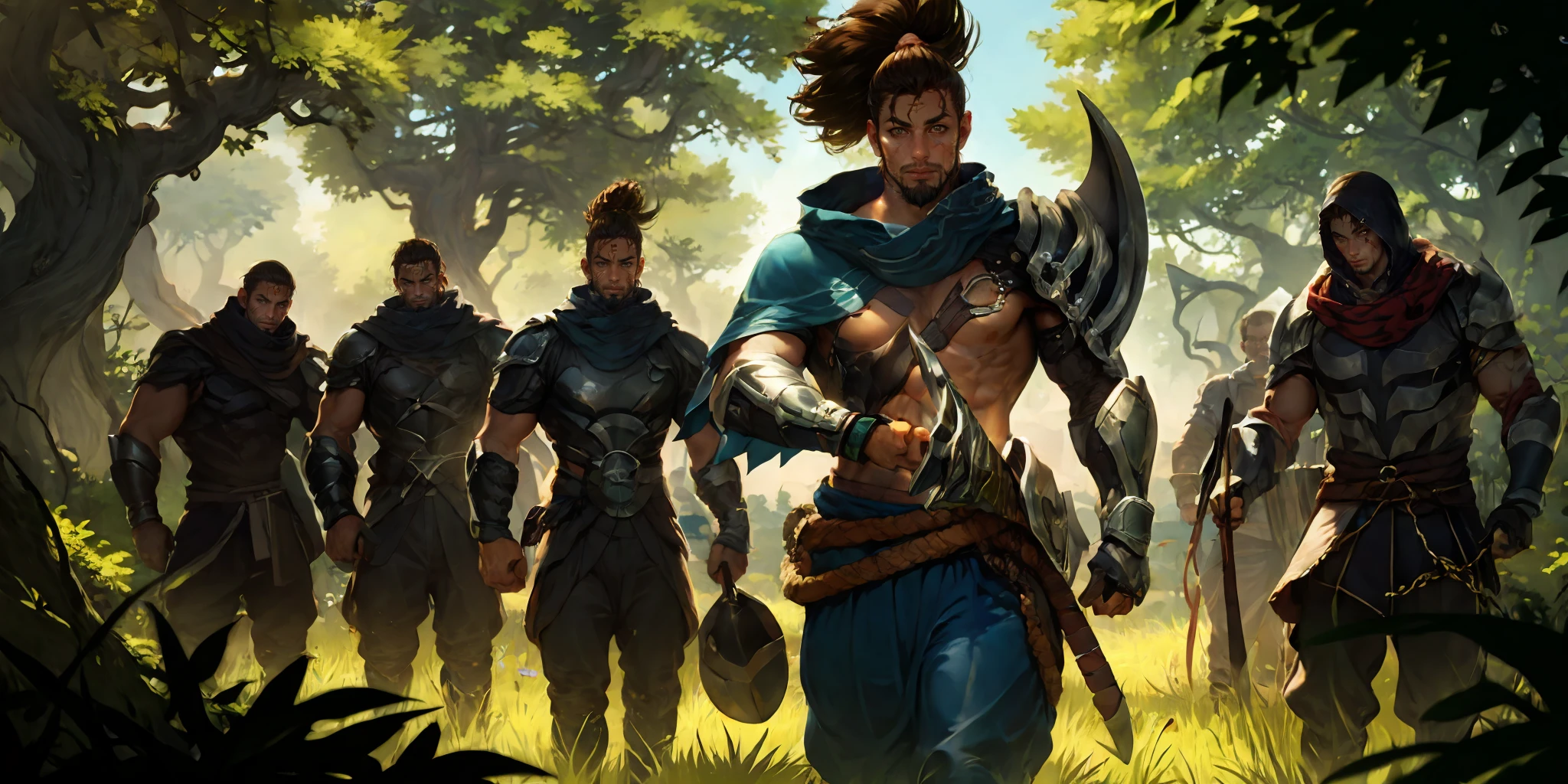 HEZI, LOL, \\\(lol style\\\), game cg, multiple boys, weapon, facial hair, tree, armor, nature, ponytail, long hair, male focus, forest, brown hair, sword, outdoors, muscular, beard, holding, black hair, shoulder armor, 6+boys, leaf, holding weapon, ninja, scar, manly, looking at viewer, cape, bug, mask, pauldrons, hood, muscular male, tattoo, short hair, sickle, sheath, scarf, chain, abs, scar on face, grass, 5boys, 1girl, butterfly, cloak, holding sword, scar across eye<lora:LOLè¾æ¬§å°¼äº(8bit)2-000008:0.7>,