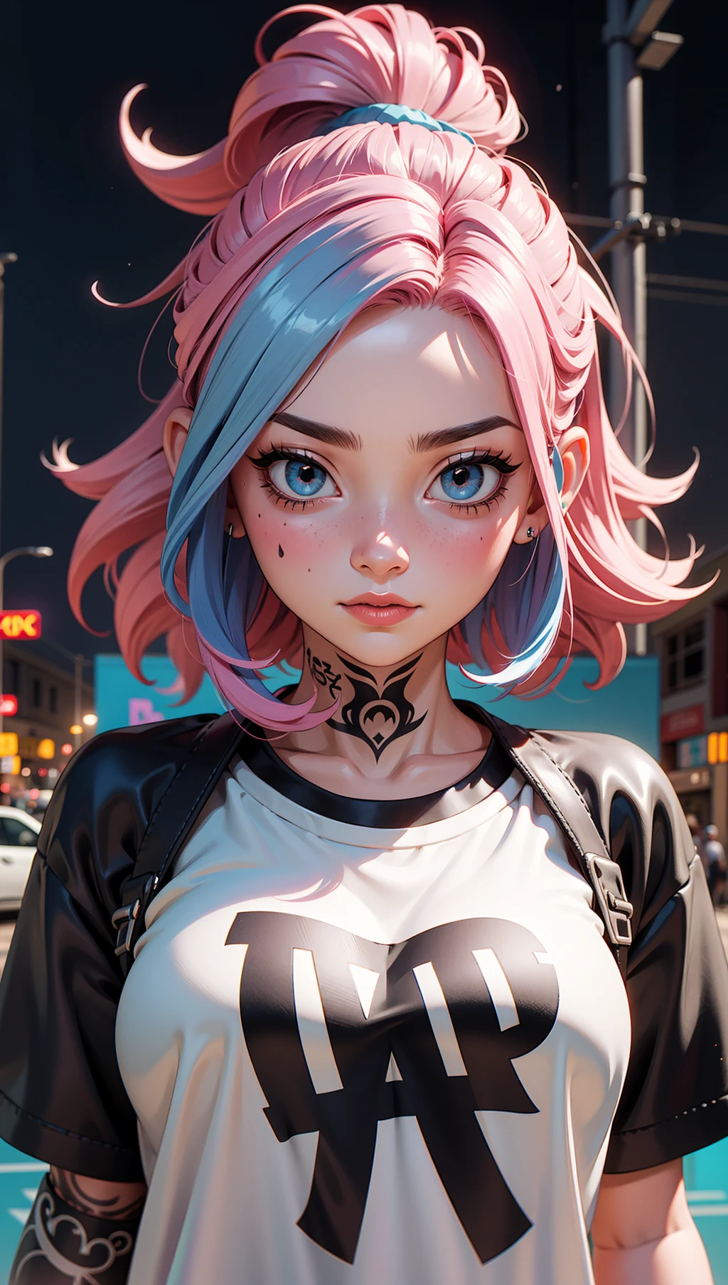 upper body portrait,raw essence of a tattooed street style icon,rebellious energy,wearing oversized shirt  with logos,vibrant graffiti as backdrop,edgy fashion,sense,confident gaze,colorful hair,light beams streaming through haze,