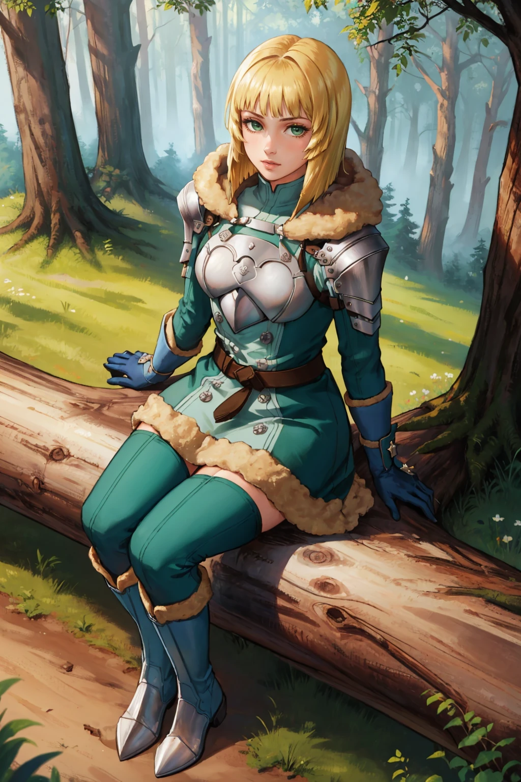 masterpiece, best quality, <lora:ingrid-nvwls-v2-000009:0.9> hopesingrid, medium hair, bob cut, bangs, shoulder armor, breastplate, green coat, fur trim, gauntlets, blue gloves, belt, green boots, sitting, from above, forest, fallen log, looking at viewer