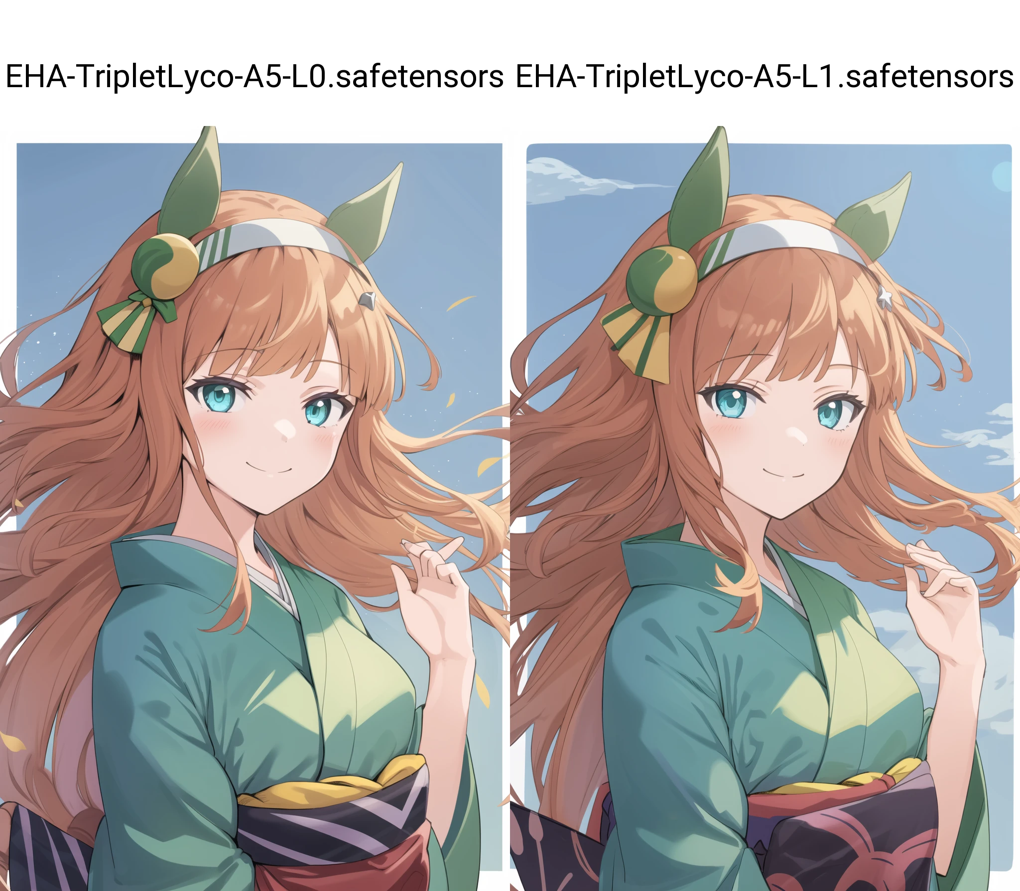 1girl, solo, silence suzuka \(umamusume\), very long hair, long hair, floating hair, looking at viewer, closed mouth, smile, blush, summer, kimono, japanese clothes, long sleeves, upper body, multicolored background, border, <lyco:silence_suzuka_lora:0.75>, portrait, messy hair