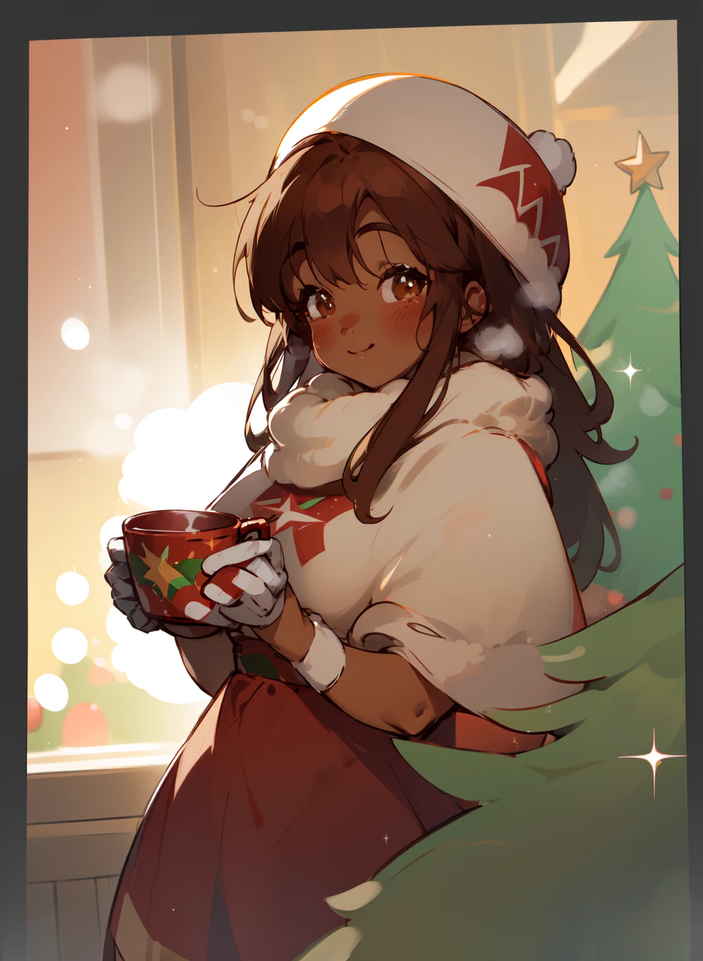 cocoacookie smiling, holding mug of cocoa, bokeh, sparkles, warm smile, blush, full lips, chubby, dark skin, christmas party, christmas tree, standing by window, detailed background, frosty windows, snow <lora:cocoacookie_v1.3:1>