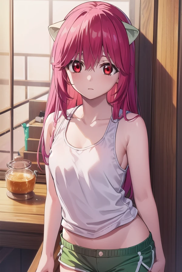 elfenliednyuu, <lora:elfen lied nyuu-lora-nochekaiser:1>,
nyuu, long hair, (red eyes:1.3), pink hair, horns, (small breasts:1.2),
BREAK shorts, tank top, (green shorts:1.5), white tank top,
BREAK indoors,
BREAK looking at viewer, (cowboy shot:1.5),
BREAK <lyco:GoodHands-beta2:1>, (masterpiece:1.2), best quality, high resolution, unity 8k wallpaper, (illustration:0.8), (beautiful detailed eyes:1.6), extremely detailed face, perfect lighting, extremely detailed CG, (perfect hands, perfect anatomy),