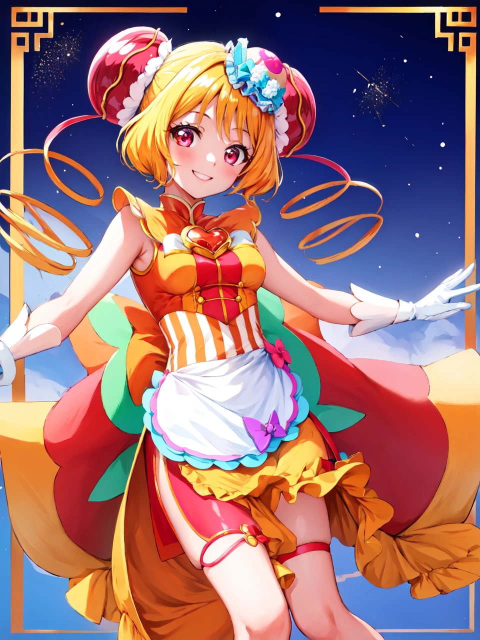 masterpiece, best quality, looking at viewer, depth of field, standing,
1girl, <lora:locon_cure_yum-yum_01:0.9>, cure yum-yum, china dress, hair ornament, sleeveless, gloves, apron, brooch, side slit, shorts under skirt, pumps,
smile, ((gradient background)), lens flare,