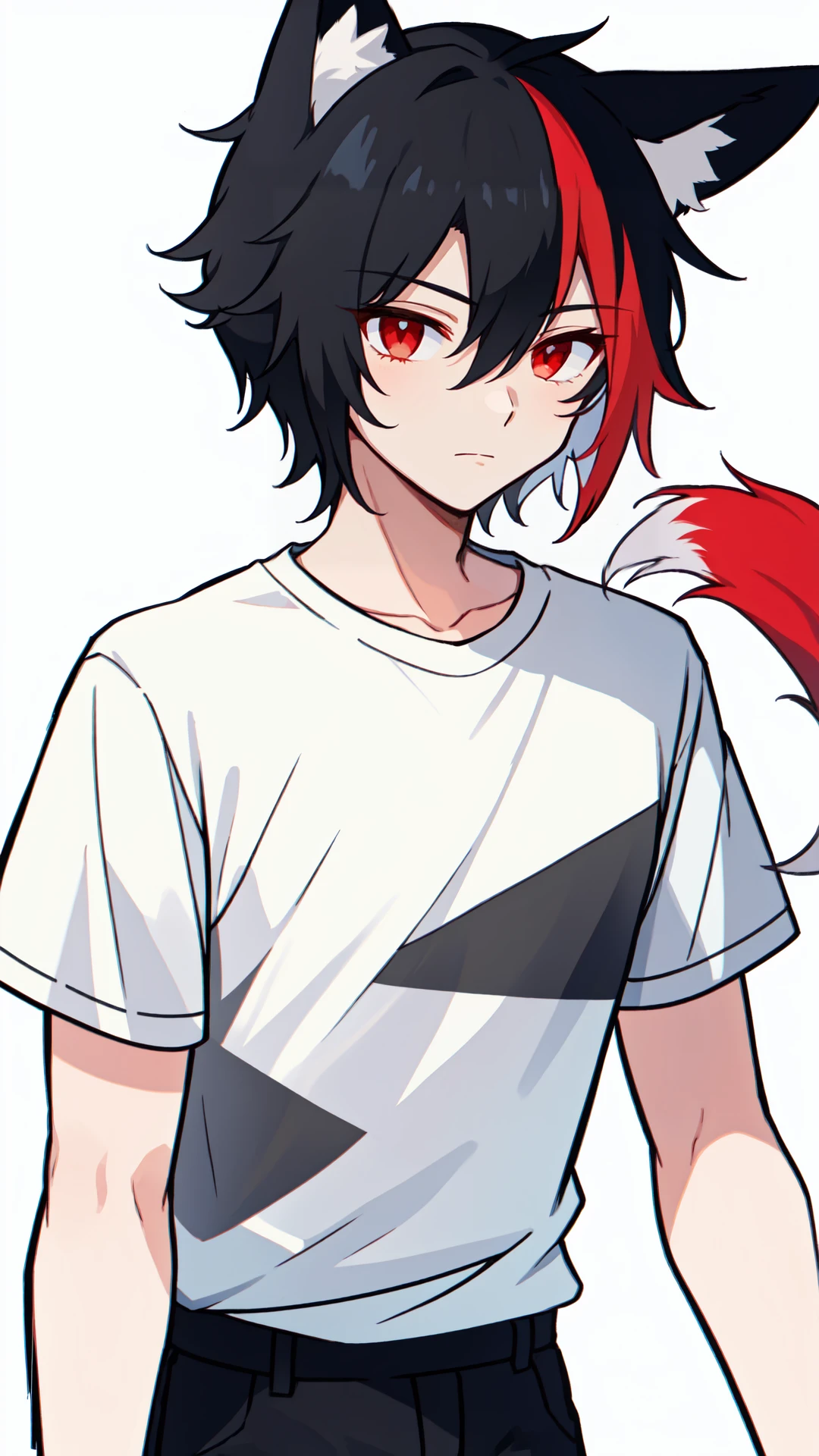 1 boy,  genderless,  solo,  upper body,  closed mouth,  animal ear fluff,  animal ears,  fox ears,  hair between eyes,  short hair,  tshirt,  black pants,  red eyes,  two tone hair,  streaked hair,  red hair,  black hair,