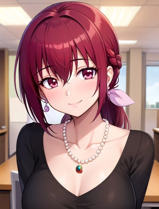best quality, masterpiece, highres, detailed, digital artwork, <lora:Detail - add_detail:0.2>, RichLCh, <lyco:RichLCh:0.8>, jewelry, earrings, pearl necklace, evil smile, office, BREAK IkuyoHoshi, red hair, hair between eyes, red eyes, mature woman, formal dress, <lora:Character - IkuyoHoshi:0.8>