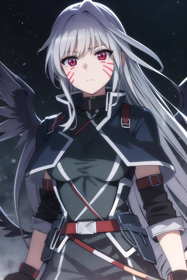 reinforcei, <lora:reinforce i movie2-lora-nochekaiser:1>,
reinforce i, (red eyes:1.3), grey hair, facial mark, long hair,
BREAK thighhighs, gloves, jacket, open clothes, wings, fingerless gloves, open jacket, magical girl, single thighhigh, asymmetrical legwear, black wings, uneven legwear, waist cape, multiple wings, leg belt,
BREAK outdoors, city, sky, night, starry sky, star \(sky\), moon,
BREAK looking at viewer, (cowboy shot:1.5),
BREAK <lyco:GoodHands-beta2:1>, (masterpiece:1.2), best quality, high resolution, unity 8k wallpaper, (illustration:0.8), (beautiful detailed eyes:1.6), extremely detailed face, perfect lighting, extremely detailed CG, (perfect hands, perfect anatomy),