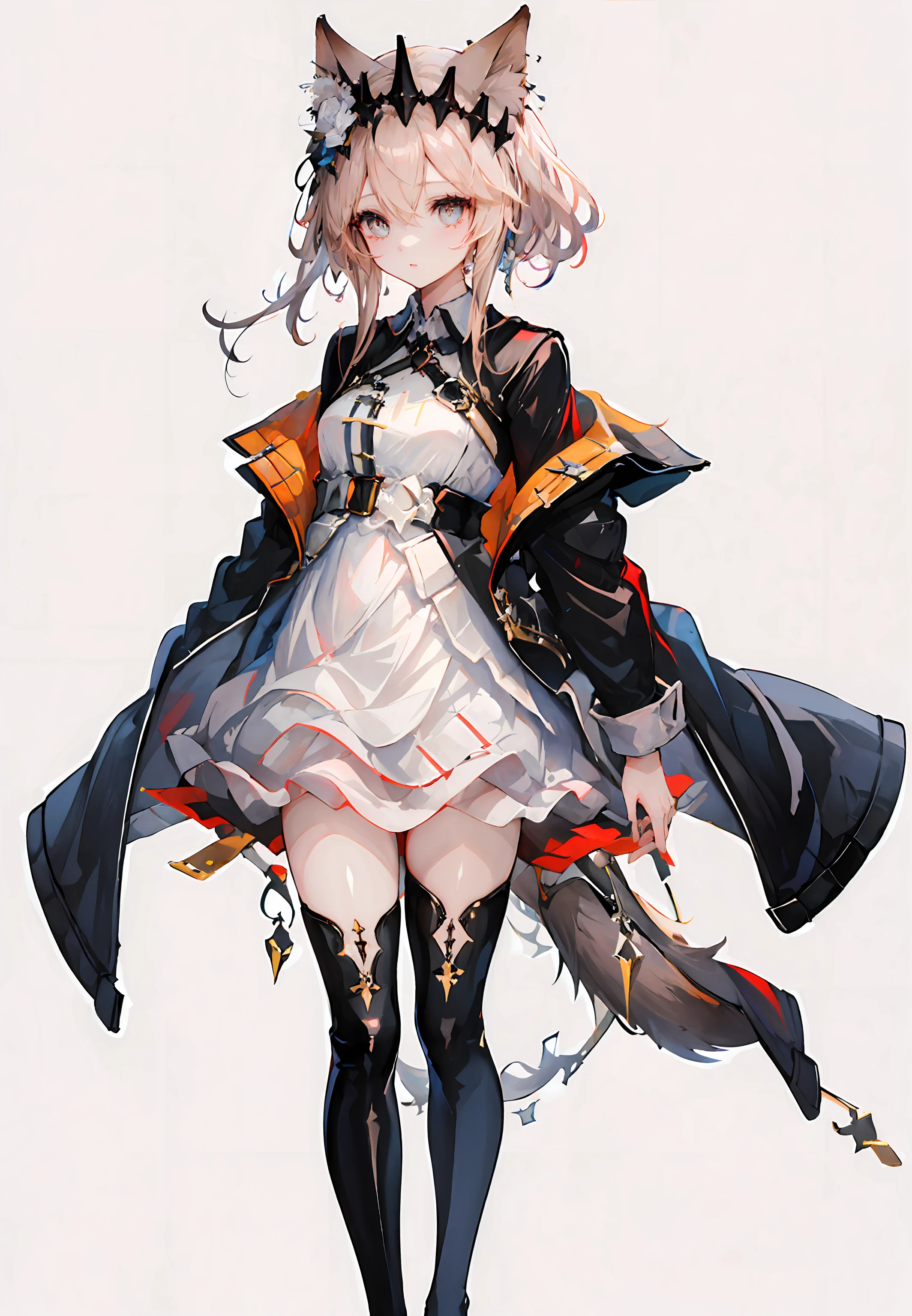 ((masterpiece,best quality)), 1girl, vendela, hair ornament, white dress, open jacket, thigh boots, tail, standing, simple background,