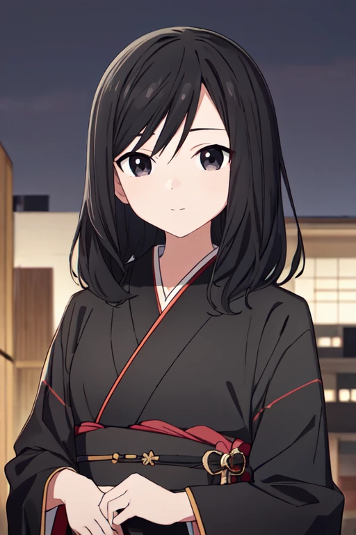 masterpiece, highres, 1girl,  <lora:MaiToganoR4:0.7>, MaiToganoR4, black hair, black eyes, upper body, 1girl, black eyes, black hair,kimono, night