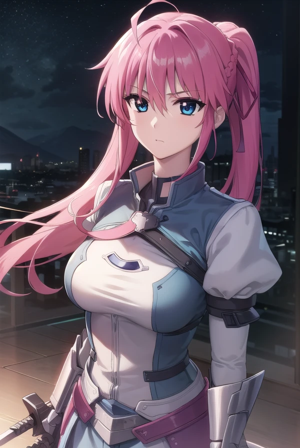 signum, <lora:signum movie2-lora-nochekaiser:1>,
signum, long hair, blue eyes, hair ribbon, ponytail, pink hair,
BREAK gloves, jacket, weapon, open clothes, sword, open jacket, magical girl, gauntlets, cropped jacket, waist cape, puffy sleeves,
BREAK outdoors, city, sky, night, starry sky, star \(sky\), moon,
BREAK looking at viewer, (cowboy shot:1.5),
BREAK <lyco:GoodHands-beta2:1>, (masterpiece:1.2), best quality, high resolution, unity 8k wallpaper, (illustration:0.8), (beautiful detailed eyes:1.6), extremely detailed face, perfect lighting, extremely detailed CG, (perfect hands, perfect anatomy),