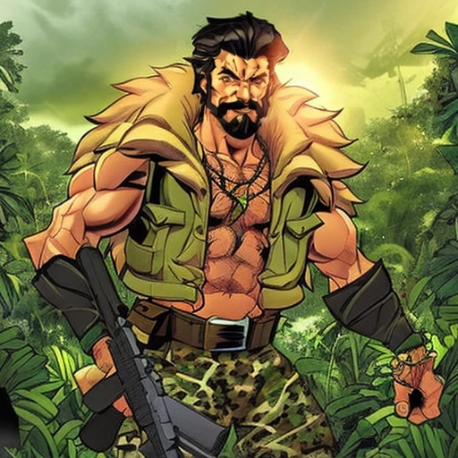 ((a man sneaking in the jungle holding a rifle)), lightning in the background <lora:KraventhehunterLoRA:0.7> 1boy, male focus, solo, facial hair, black hair, muscular, beard, holding, weapon, abs, manly, necklace, mustache, <lora:CherryMouseStreetStyleV4Lora Uploaded!:0.8> mssstyle