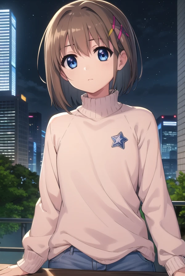 hayateyagami, <lora:hayate yagami movie2-lora-nochekaiser:1>,
hayate yagami, yagami hayate, short hair, blue eyes, brown hair, hair ornament, x hair ornament,
BREAK sweater, pink sweater, turtleneck, long sleeves,
BREAK outdoors, city, night, starry sky,
BREAK looking at viewer, (cowboy shot:1.5),
BREAK <lyco:GoodHands-beta2:1>, (masterpiece:1.2), best quality, high resolution, unity 8k wallpaper, (illustration:0.8), (beautiful detailed eyes:1.6), extremely detailed face, perfect lighting, extremely detailed CG, (perfect hands, perfect anatomy),