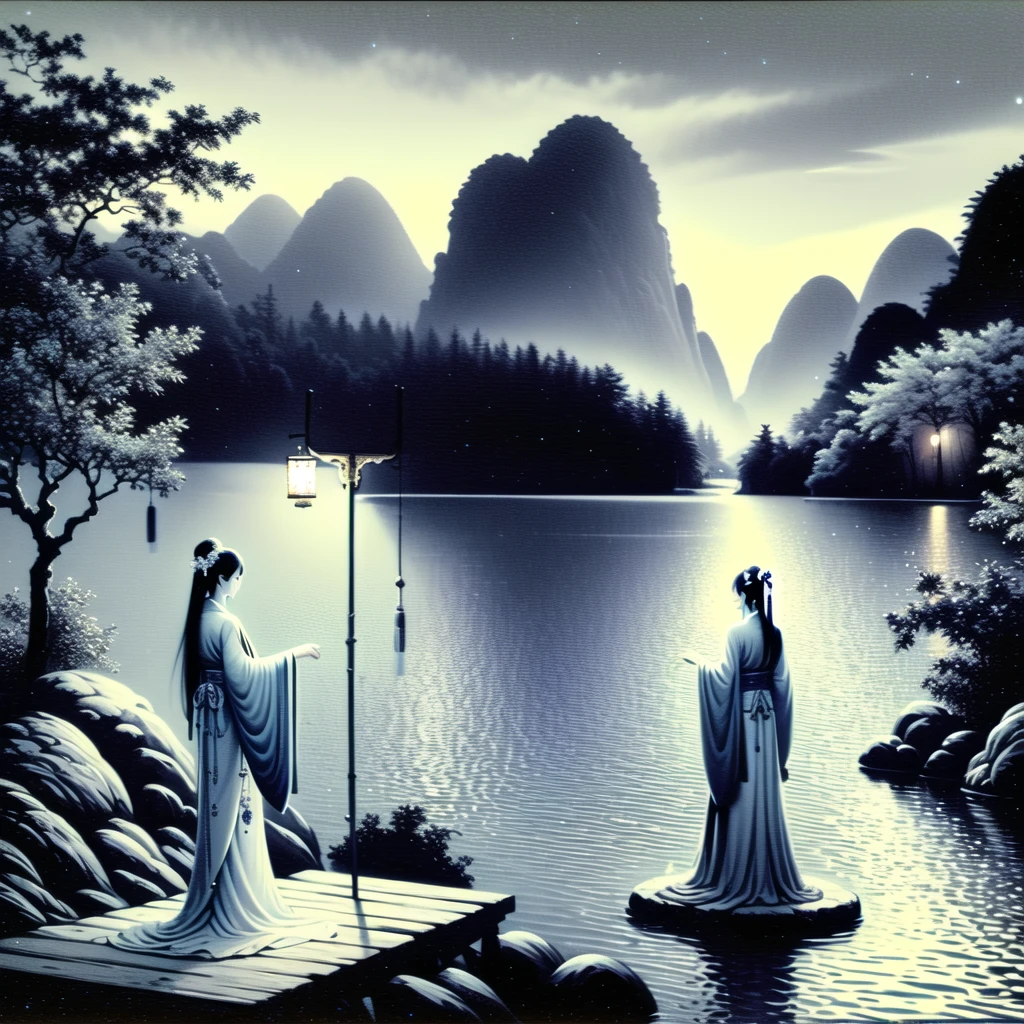 best quality,china,gudai,1girl,solo,black_hair,hair_ornament,standing,flower,outdoors,chinese_clothes,sky,cloud,hair_flower,chinese_clothes,water,tree,night,moon,cloudy_sky,scenery,full_moon,reflection,lantern,rock,mountain,architecture,east_asian_architecture,stone_lantern,pagoda,
<lora:wuyichengxian:1>,